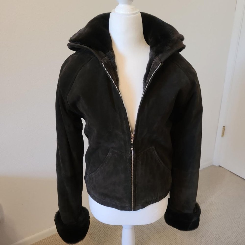 Vintage Wilson Leather Dark Brown suede coat, lined w/soft faux fur; size Small